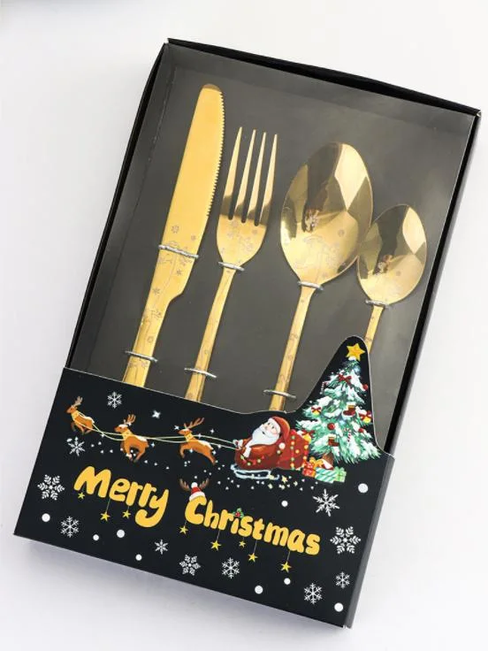 Stainless Steel Western Tableware Vacuum Titanium Plating Laser Christmas Western Knife Fork and Spoon Cutlery Set